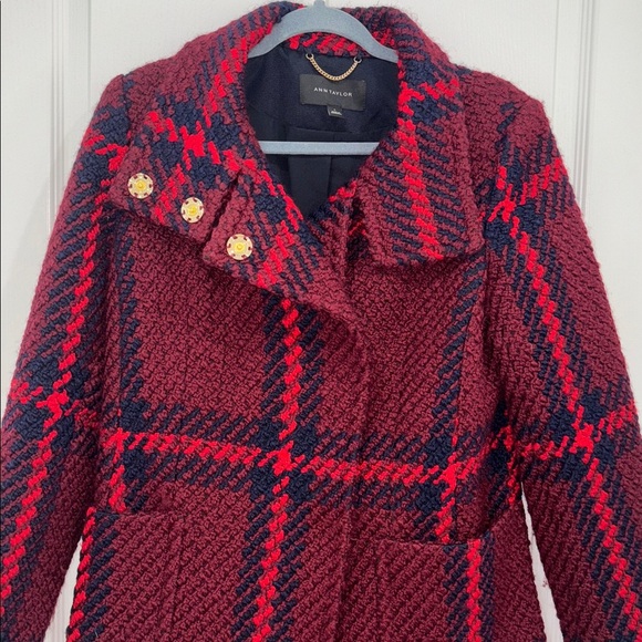 Ann Taylor Maroon, Plaid, Turtle Neck, Wool, Lined, Long, Winter Peacoat- small - Picture 3 of 11